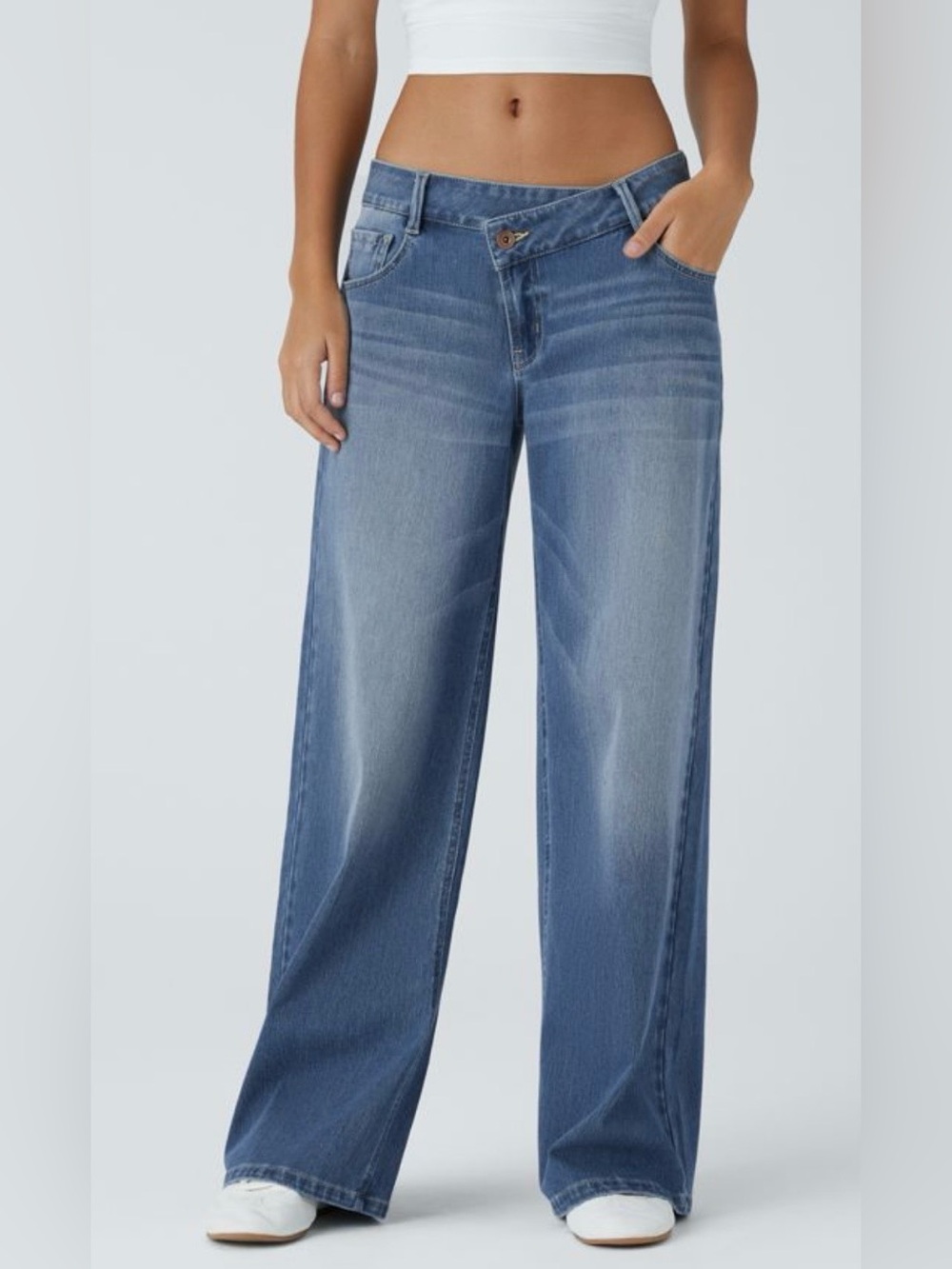 HALARA Flex™ Asymmetric Low Rise Zipper Pockets Baggy Wide Leg Washed Casual